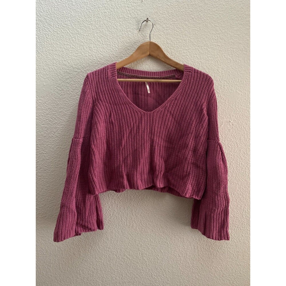 Free People Damsel Pink Cable Knit Bell Sleeve Sweater Size Small Slight Crop